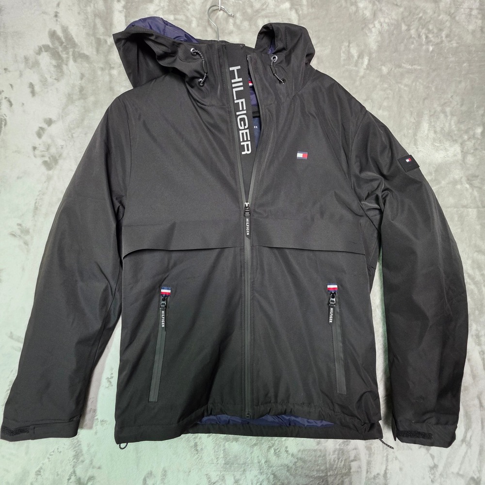 Tommy Hilfiger Mens Black Hooded Water Resistant Stretch Puffer Jacket Small
